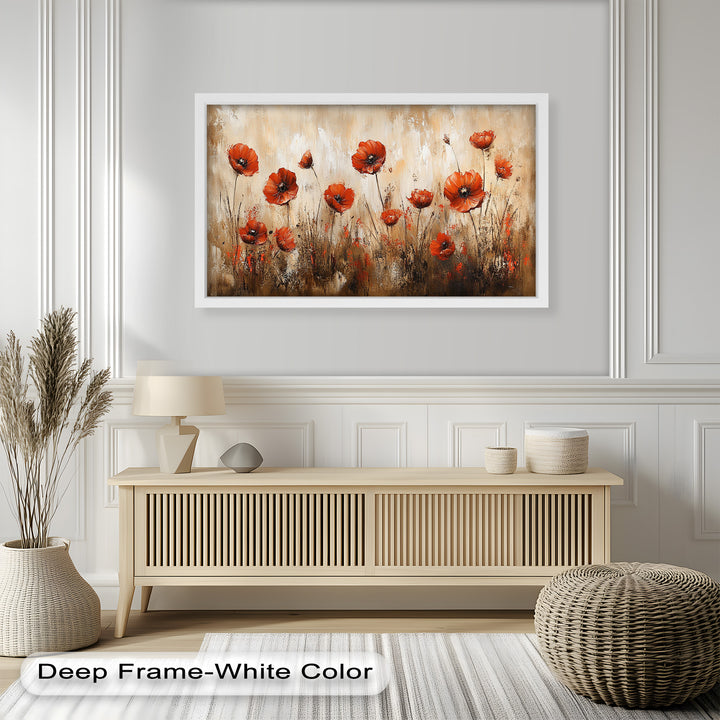 Fiery Meadow – Scarlet Poppies in Earth-Toned Field Flower Oil Painting