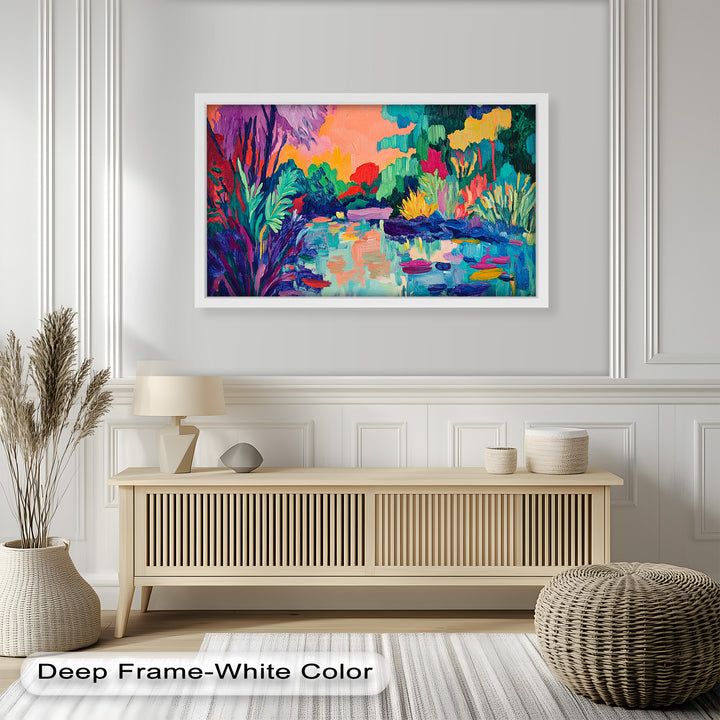 Sunset Reflections Oil Painting – Fauvist Lakeside Dreamscape
