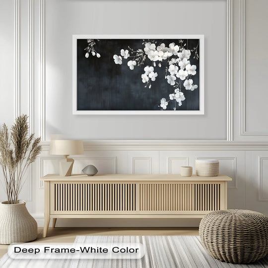 Foreground shows a woven rug and ottoman complementing the serene white cherry flowers on midnight blue, a captivating oil painting art piece.