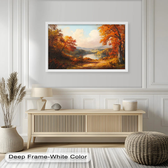 The darkest area emphasizes the vibrant colors and textured brushstrokes within this Golden Horizon autumn river view oil painting home decor, capturing the depth of the foliage near the water.