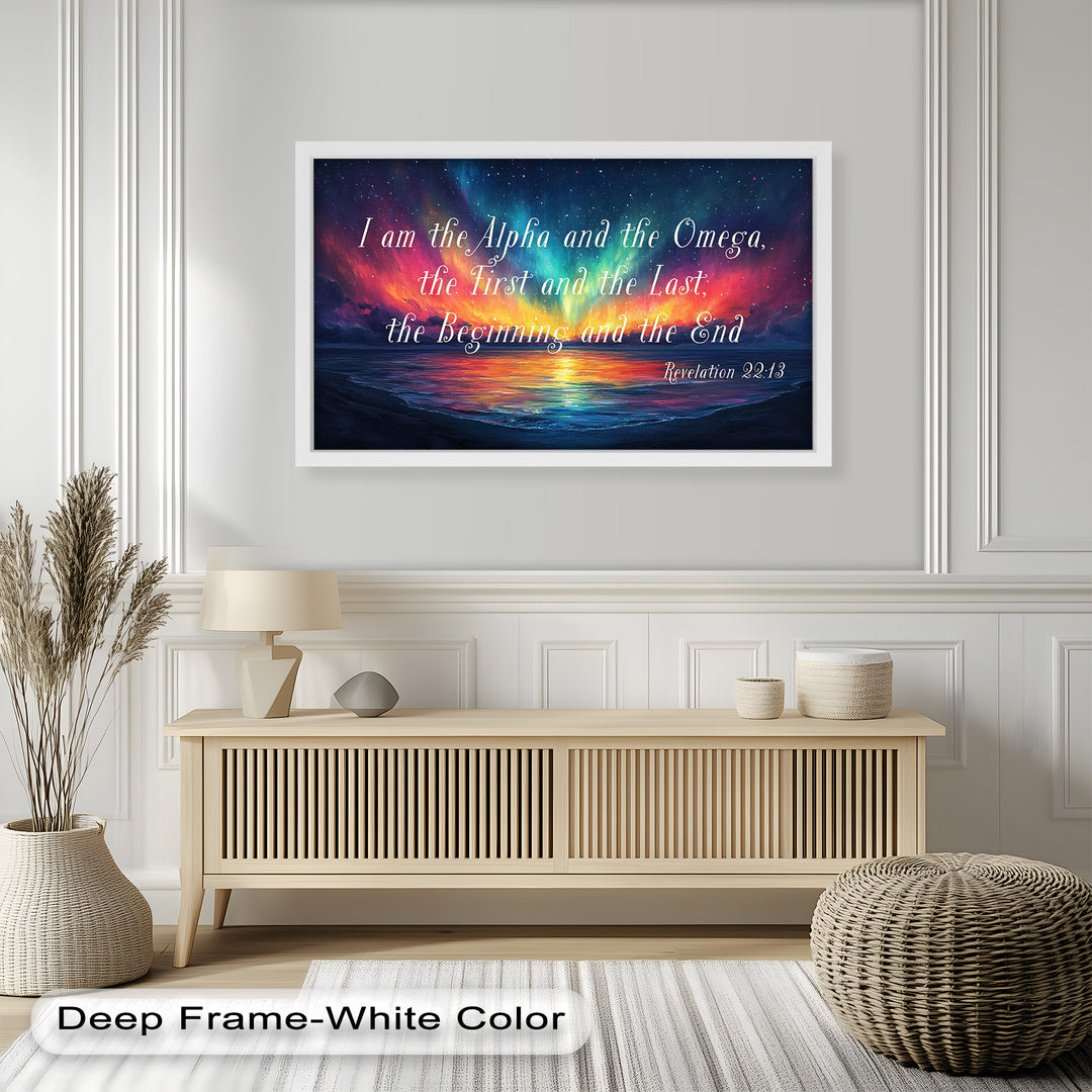Christian wall art featuring a radiant sunset and scripture on God’s omnipotence.
