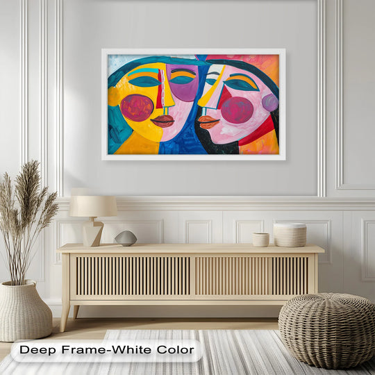Bold hues and abstract faces dominate this vibrant Picasso style oil painting art prints of a dual portrait, creating a visually striking impression.