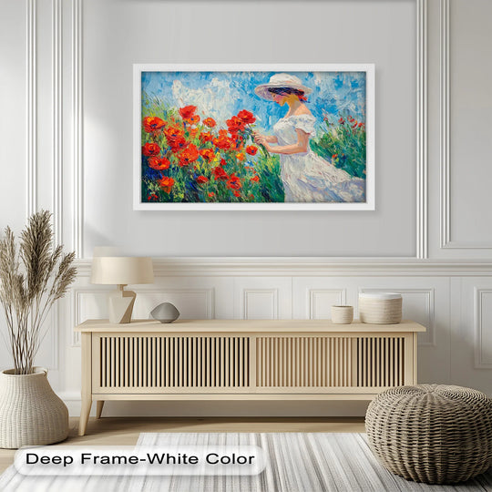 The realistic detail in this oil painting artwork captures the essence of a lady amidst vibrant poppies, an impressionist garden stroll rendered with stunning brushwork and color.