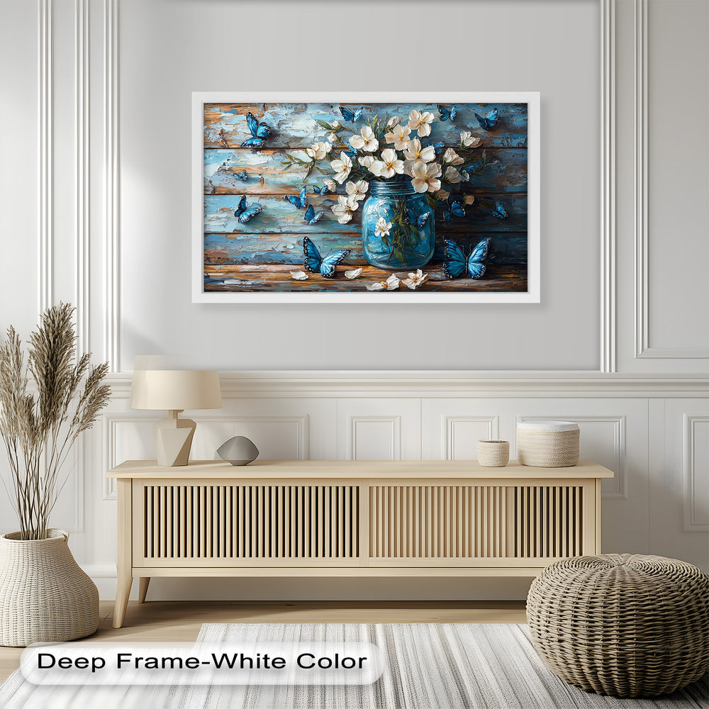 A charming country-style wall art piece showcasing a bouquet of blossoms in a vintage glass jar, with fluttering butterflies adding movement and elegance.