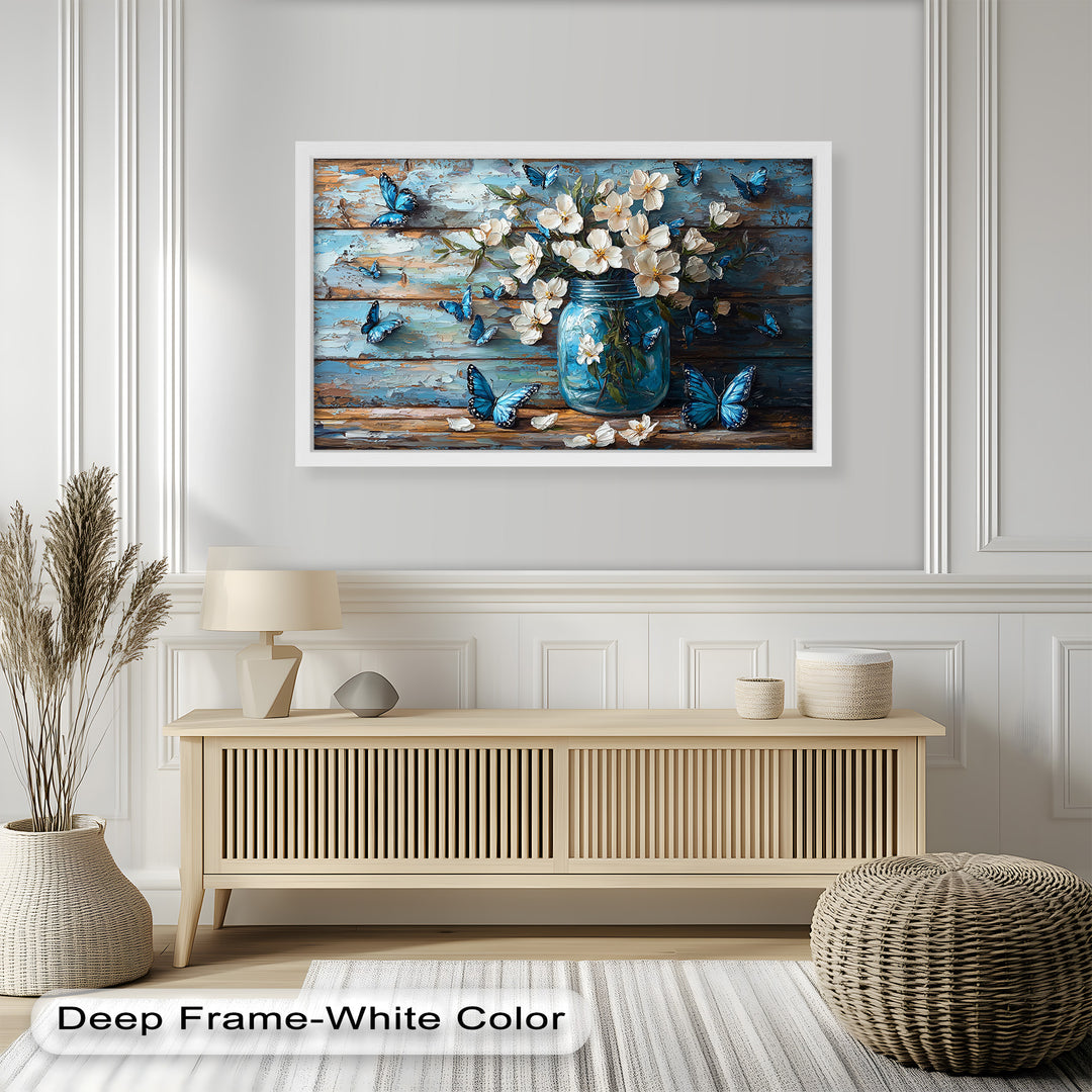 A charming country-style wall art piece showcasing a bouquet of blossoms in a vintage glass jar, with fluttering butterflies adding movement and elegance.
