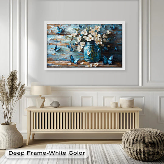 Contrasting the light flowers and azure butterflies against the darker, textured wood paneling, this oil painting art piece creates a striking focal point with its vibrant color contrast.