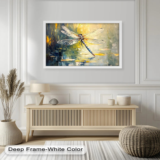 Framed shimmering dragonfly animal art is composed of sharp, striking geometric elements, showcasing a modern oil painting art style over the lily pond backdrop.