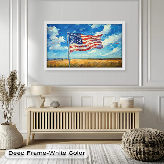 Capturing the realistic detail of this American Flag in Countryside patriotic oil painting, the artwork showcases an oil painting home decor element with vibrant colors and a dynamic, windswept flag.