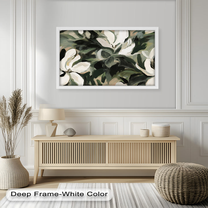 Cream Blooms in Forest Green - Flower Oil Painting