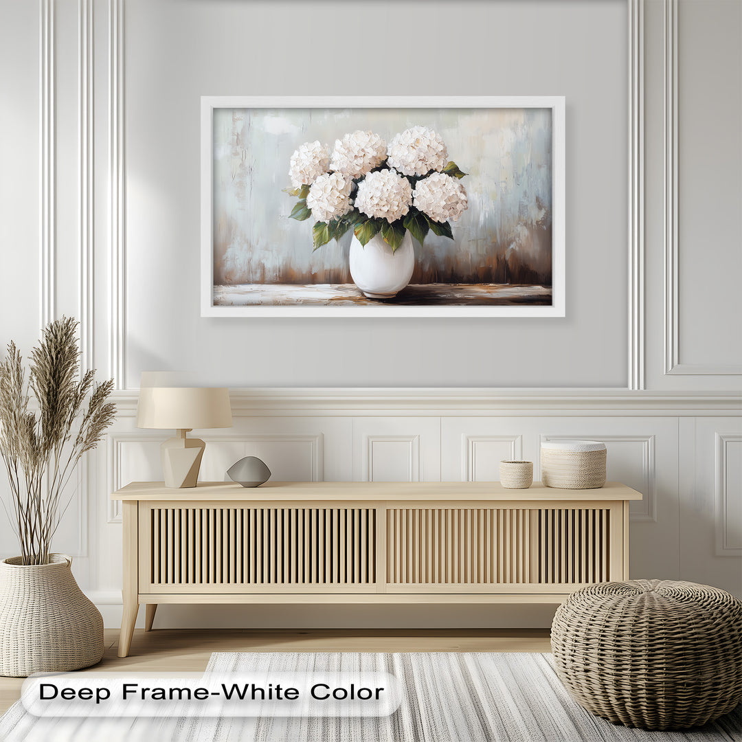 Creamy white hydrangea bouquet in minimalist ceramic vase painting.
