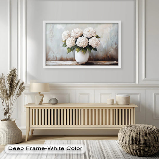 Softly painted white hydrangea blossoms define the character of this ivory bloom elegance still life oil painting home decor, nestled in a simple white vase.