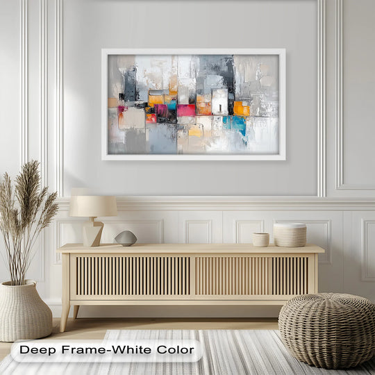 Seamlessly, the abstract oil painting art prints transition from gray to crimson, teal, and gold blocks, creating a dynamic cityscape in urban geometry.