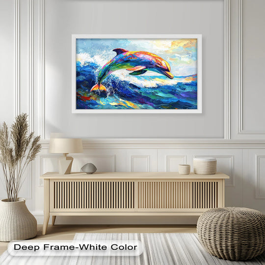 Depicting the darkest area, this modern oil painting art showcases a colorful dolphin leaping from the deep blue and turquoise of ocean waves.