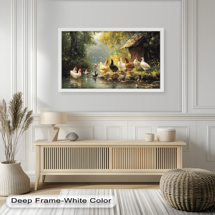 Country Farmyard Chickens by the Stream – Animal Oil Painting