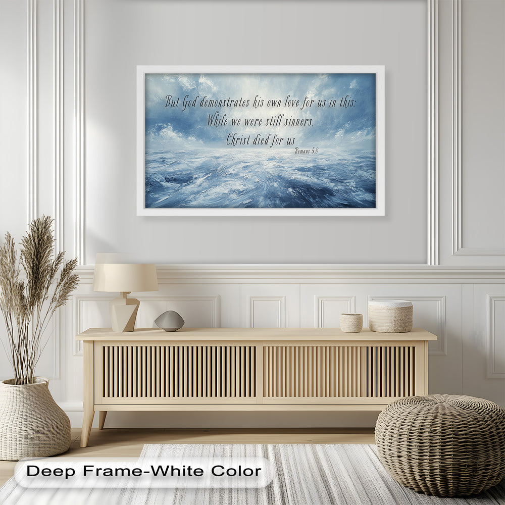 Stormy Sea Christian Artwork Featuring Romans 5:8 – God's Love Displayed
