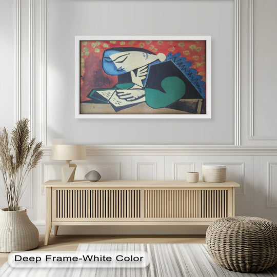 The central subject is a woman in this Picasso oil painting art piece, depicting a cubist portrait of a reader in quiet focus with elegant abstraction.