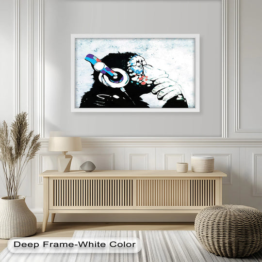 Layered depth is created in this 'Contemplative Chimp with Headphone' oil painting decoration, emphasizing the textured brushstrokes and the artwork's immersive quality.