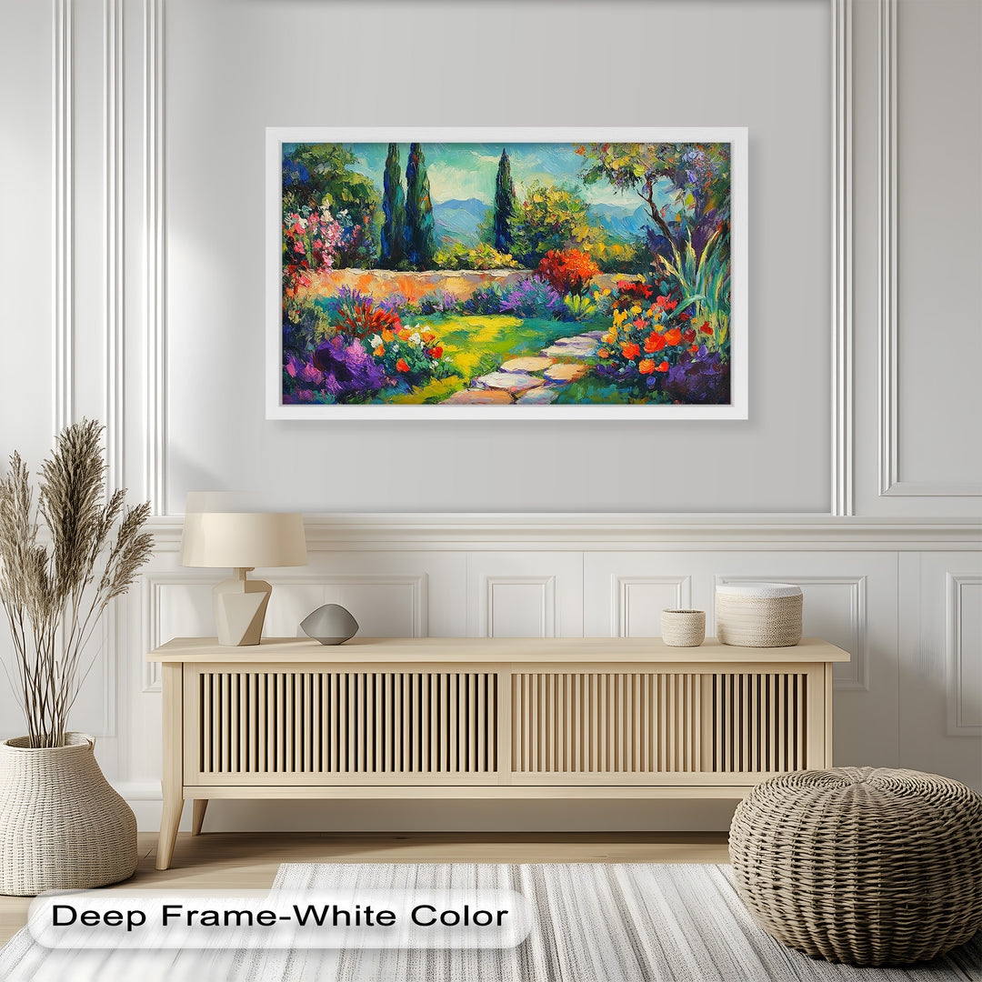 Sunlit Garden Path Oil Painting – Fauvist Outdoor Floral Landscape