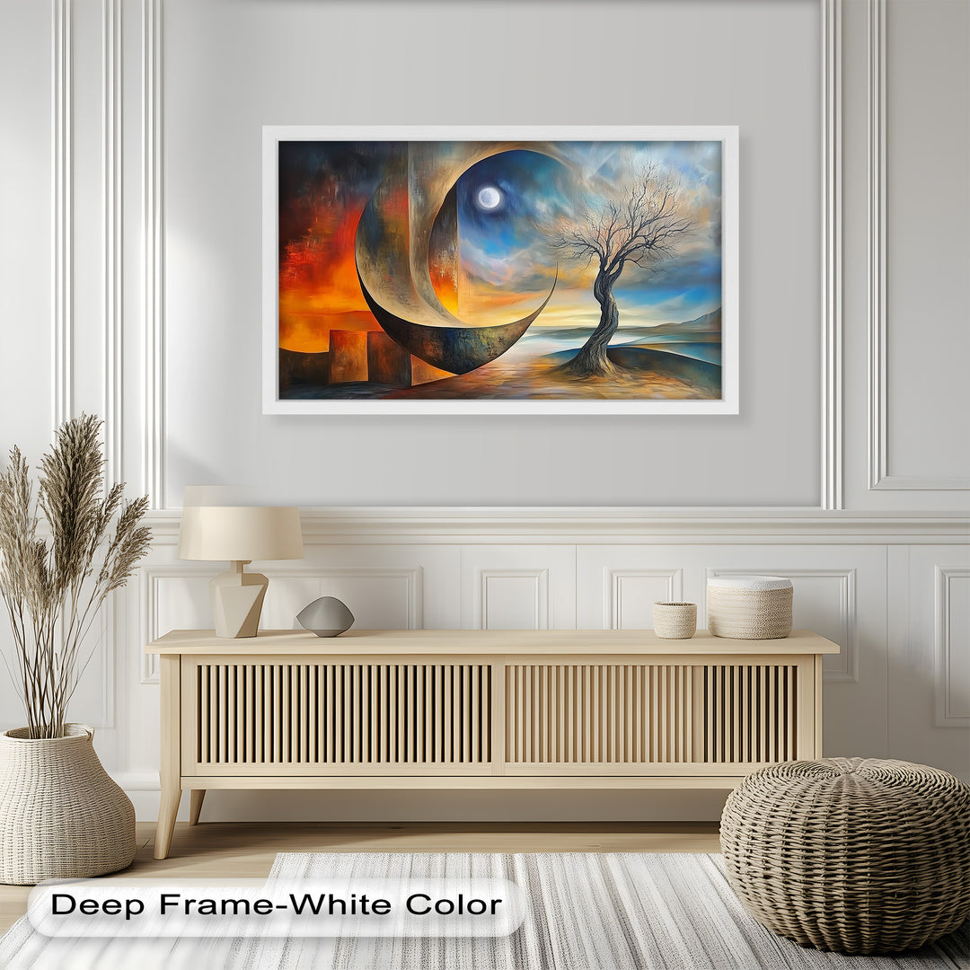 Moonlit Tree and Surreal Horizon - Abstract Oil Painting