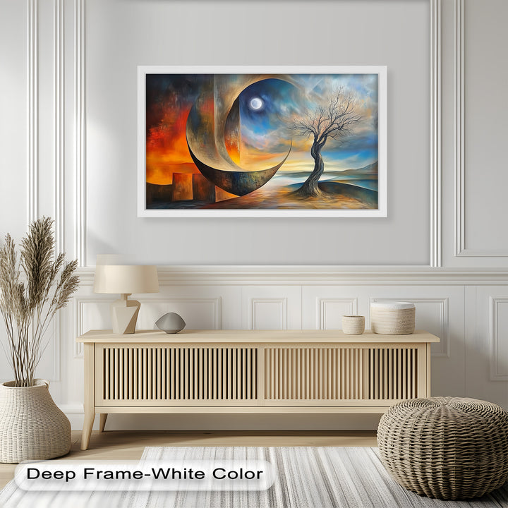 Moonlit Tree and Surreal Horizon - Abstract Oil Painting