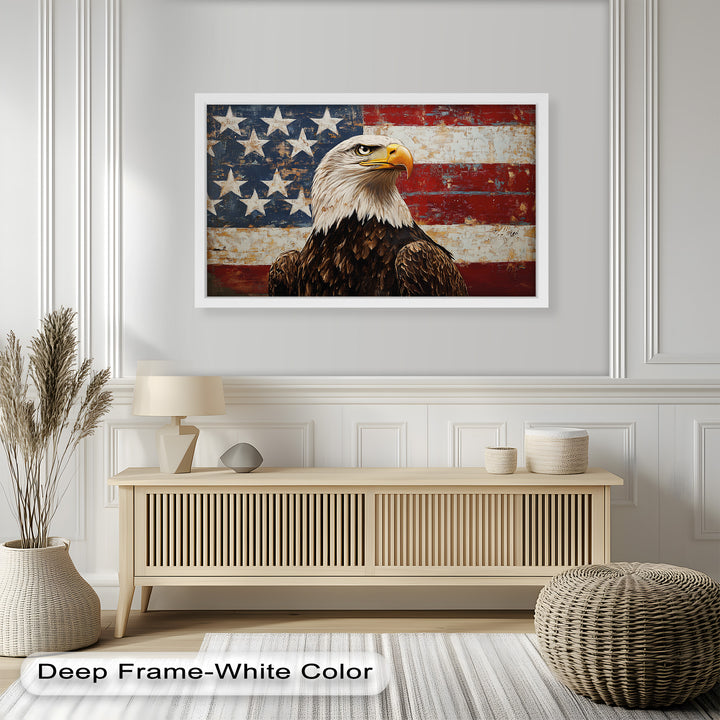 Adler mit amerikanischer Flagge – Patriotisches Ölgemälde