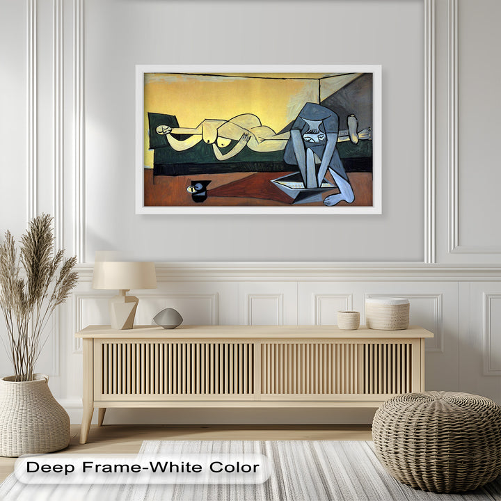 Artistic portrayal of femininity and stillness through simplified anatomy, overlapping planes, and muted colors in a confined, cubist interior.