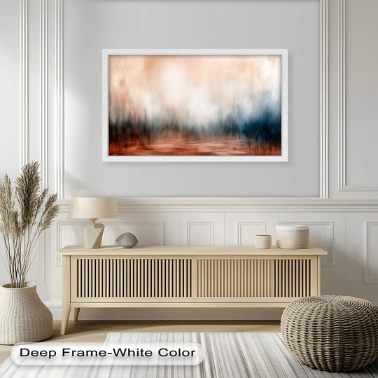 Evoking the abstract quality of a tranquil, earthy horizon, this burnt dusk oil painting wall art features a blend of terracotta, ivory, and navy tones.