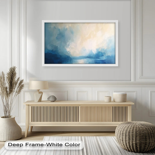 Evoking a sense of serenity, the abstract oil painting decoration presents a tranquil haze of soft sky and sea, rendered in calming strokes of blue and ivory.