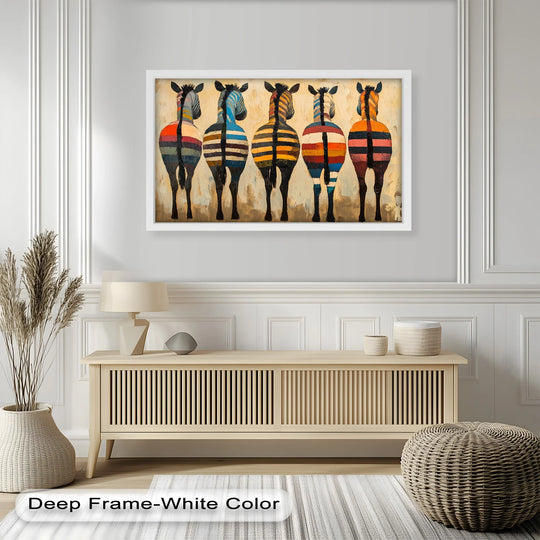 The brightest area highlights the painted canvas background in this oil painting artwork featuring five colorful zebras with bold stripes, offering a vibrant display.
