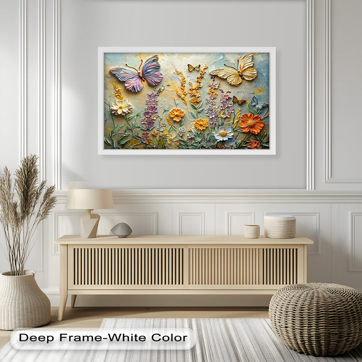 A sophisticated framed wall art piece featuring a vibrant wildflower field with graceful butterflies, creating a rich and dimensional artistic composition.