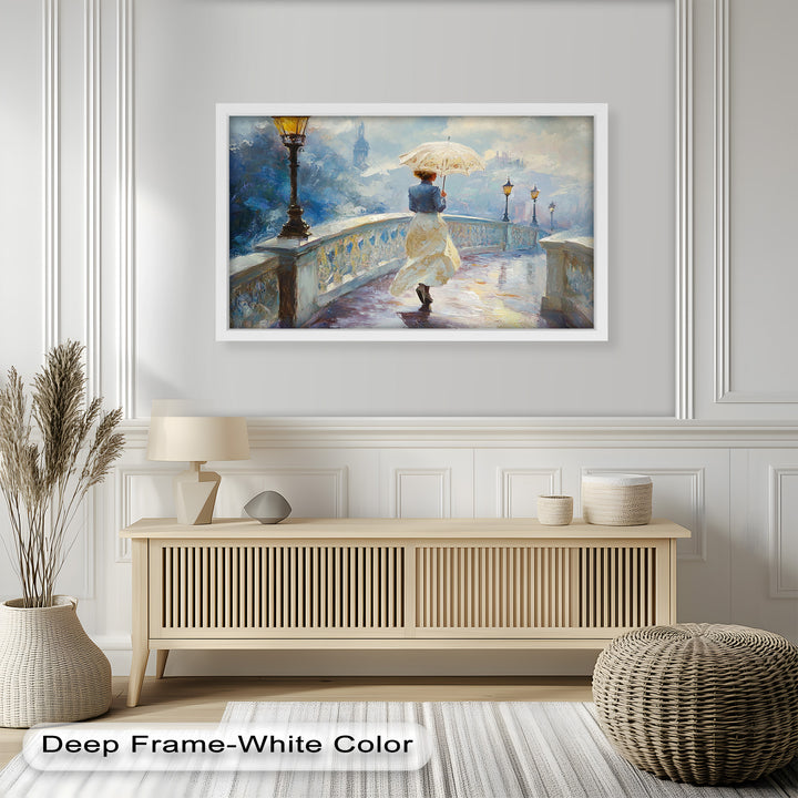 Woman with Umbrella on Cobblestone Bridge – Oil Painting