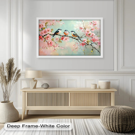 The stillness of the oil painting decoration shows three birds resting among the soft, blossoming branches in this serene animal oil painting.