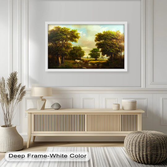 Beyond the tranquil meadow, the background features a sunlit countryside, enhancing this vintage modern oil painting art of grazing cows.
