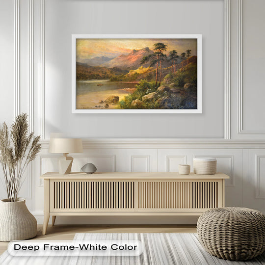 Golden sunset hues dominate this vintage mountain lake scene, a landscape enhanced with beautiful oil painting art prints.
