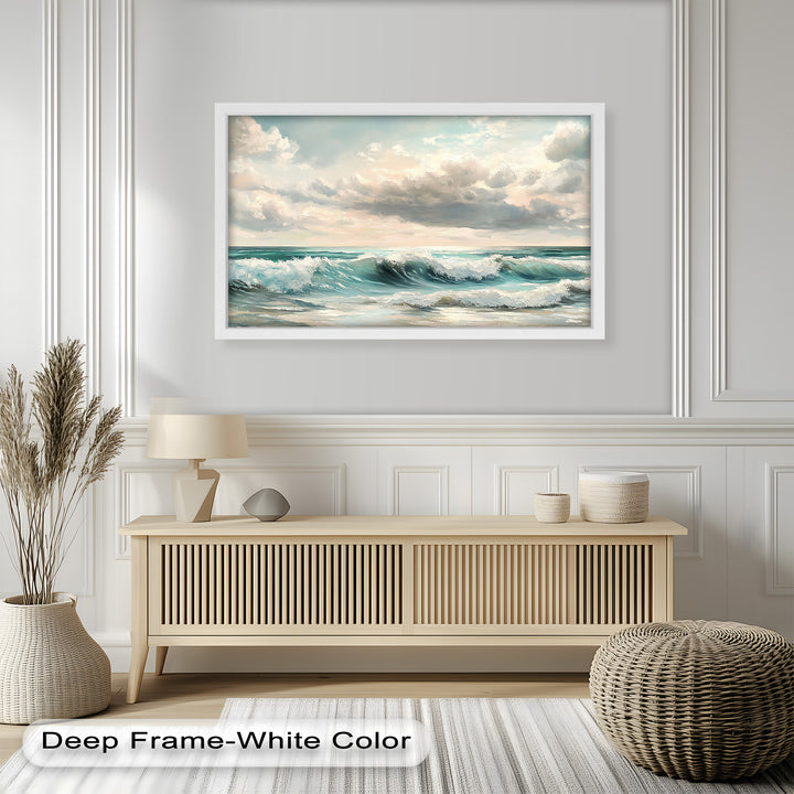 A celebration of the sea's gentle energy, this artwork invites you to experience the soothing embrace of waves and sky.