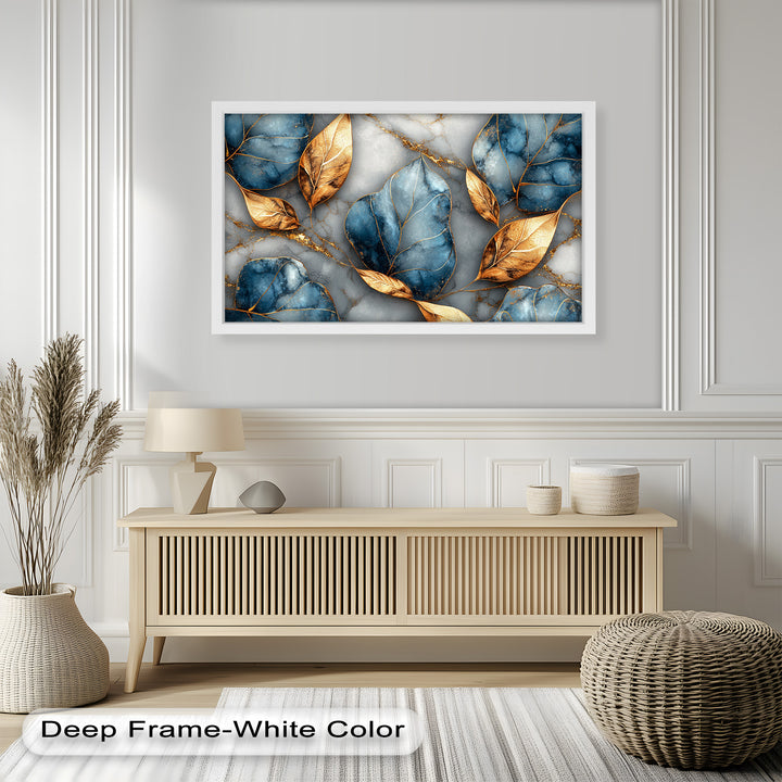 Golden Blue Marble Leaves – Botanical Oil Painting