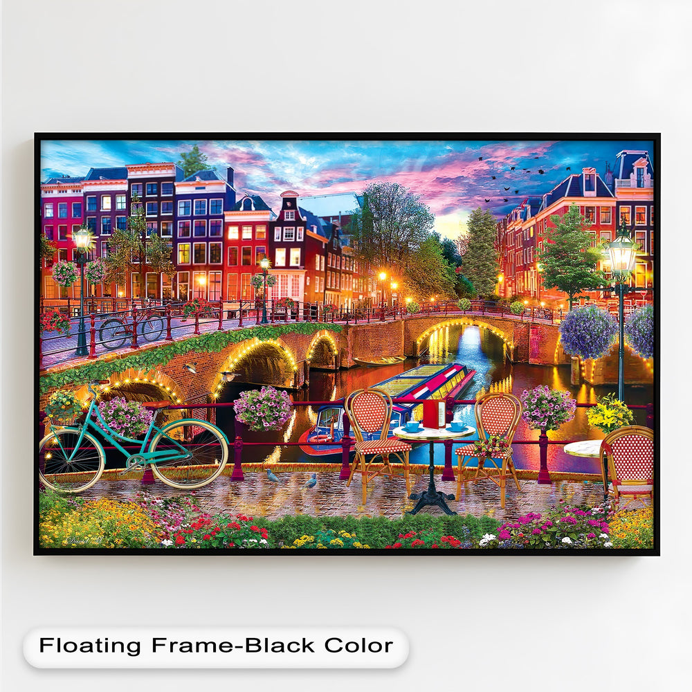 A stunning Amsterdam cityscape featuring bicycles, historic bridges, and glowing streetlights, captured in a vivid oil painting style

