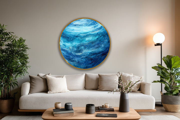 Deepest indigo swirls in the abstract oil painting decoration suggest hidden depths within the celestial ocean drift artwork.