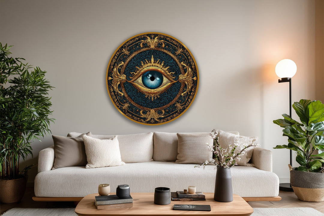 Blue, gold, and brown shades dominate this celestial guardian eye ornate wooden oil painting decoration wall art.