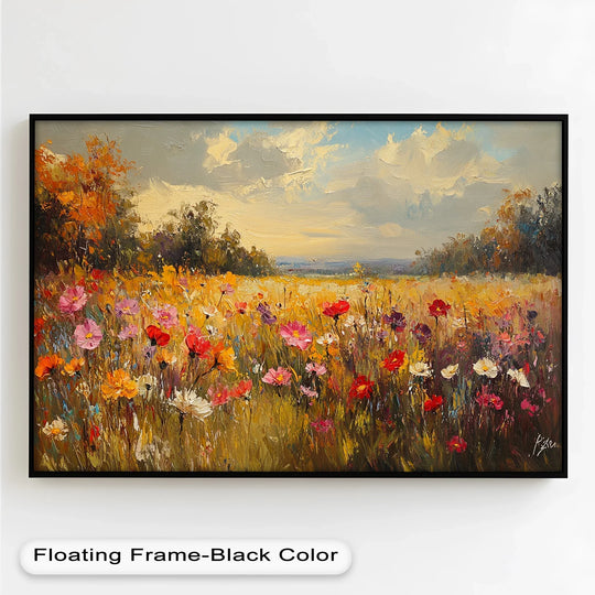 Vibrant modern oil painting art showcases a sun-drenched wildflower field with vivid floral blooms, creating a captivating artistic landscape.