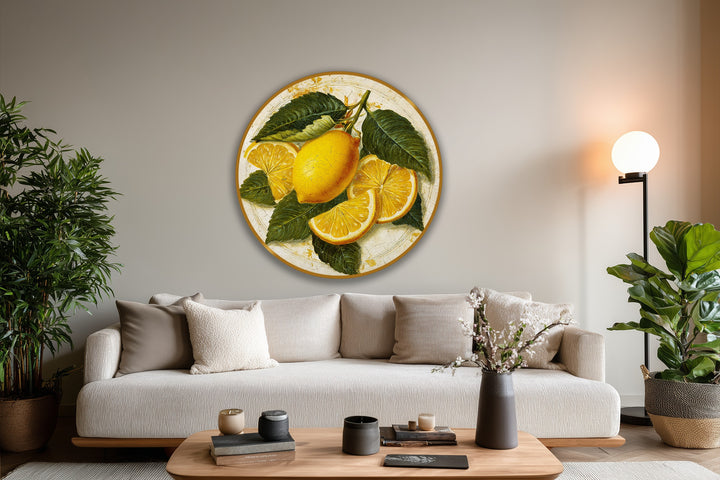 Horizontal and round, this modern oil painting art showcases a rustic lemon still life round oil painting with a vintage citrus design.
