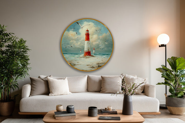 Warm hues highlight the round oil painting artwork of a coastal beacon with seagulls, contrasting with the cool tones of the sea and cloudy sky.