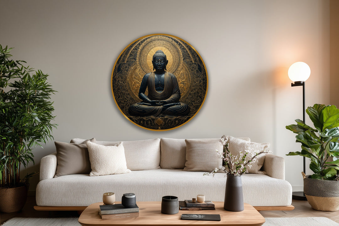 Soft neutral tones and textures create a tranquil backdrop for the Golden Serenity – Sacred Buddha round oil painting artwork.