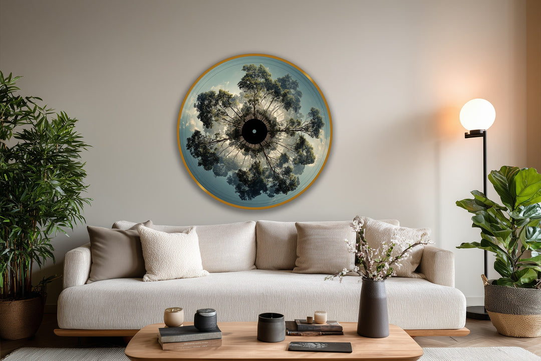 Circular modern oil painting art features an abstract, radial forest canopy from an upward perspective, lending a symmetrical, immersive orientation.