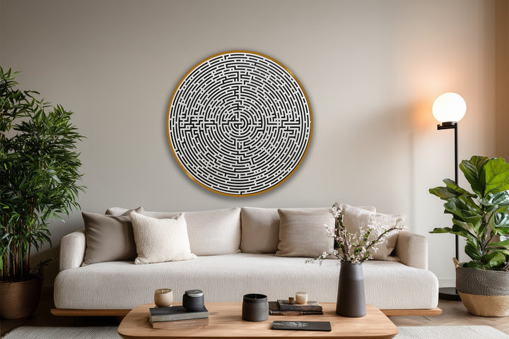 Neutral-toned wall serves as a subtle backdrop, showcasing the geometric detail of the modern oil painting art in a circular labyrinth design.