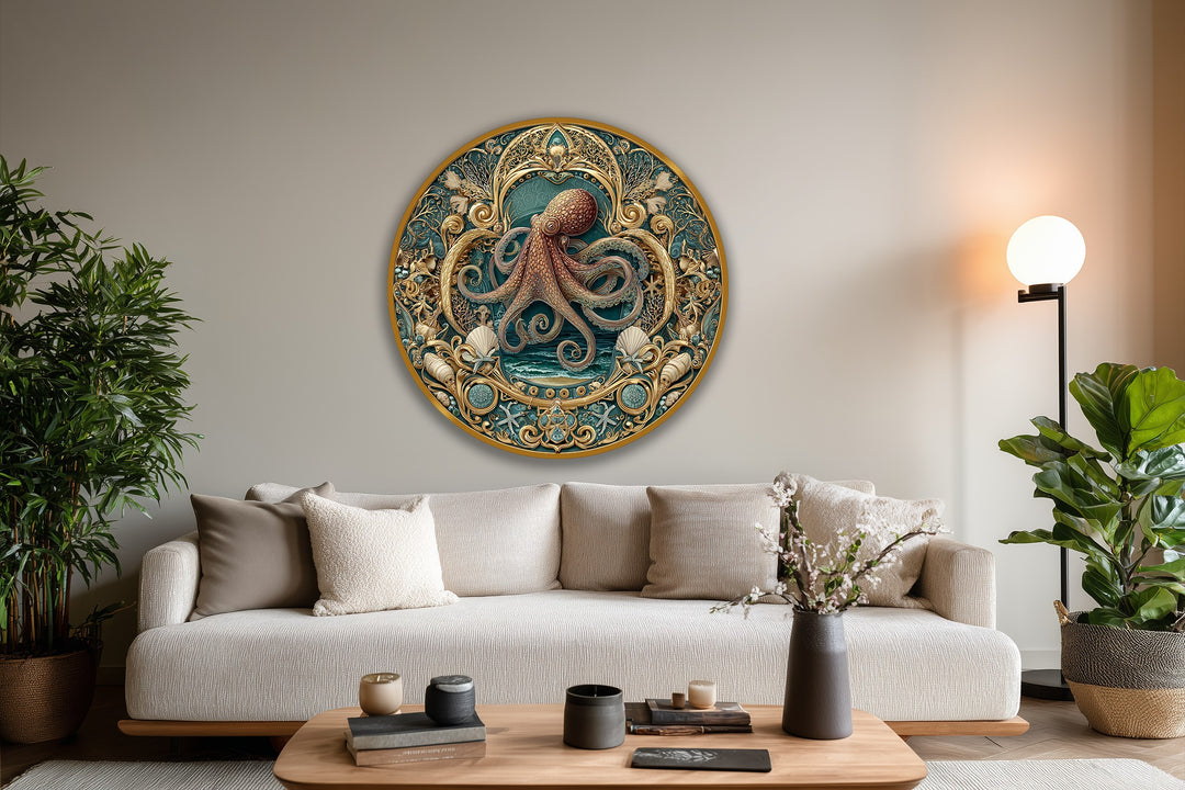 The swirling tentacles of the octopus in this ornate, baroque-style ocean oil painting art prints give a vivid sense of movement and life within its gilded frame.