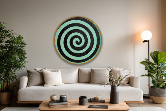 The minimalist abstract black spiral modern oil painting home decor creates a striking layering effect with its contrasting mint background, bringing depth to the composition.