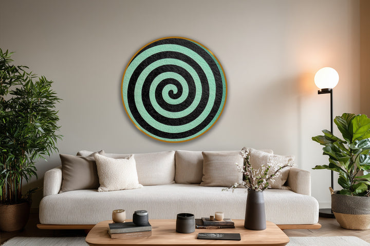 The minimalist abstract black spiral modern oil painting home decor creates a striking layering effect with its contrasting mint background, bringing depth to the composition.