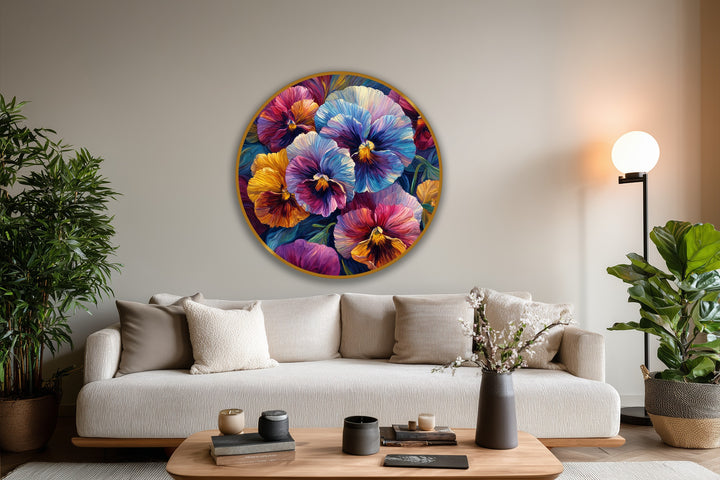 High color saturation accentuates the vibrant hues of this round pansy floral modern oil painting art, creating a lively and bold wall art piece.
