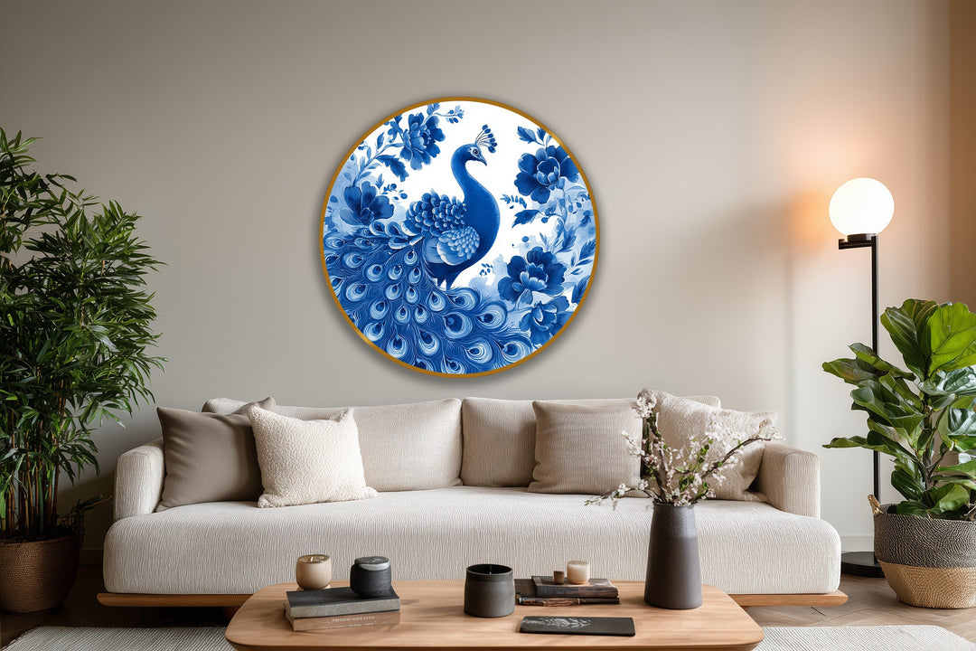 The beautiful depth and layers of this round oil painting reproduction print showcase an indigo peacock amidst delicate floral motifs, creating a captivating focal point.